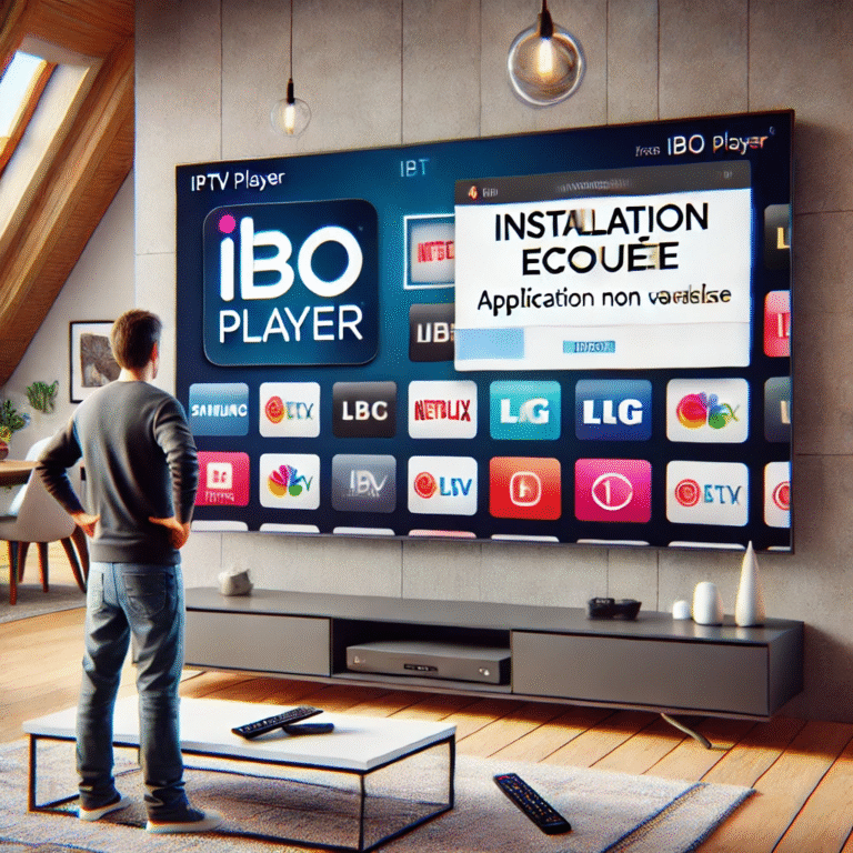Écran de télévision affichant un message “Installation échouée” lors de l’installation d’IBO Player sur une Smart TV dans un salon moderne
