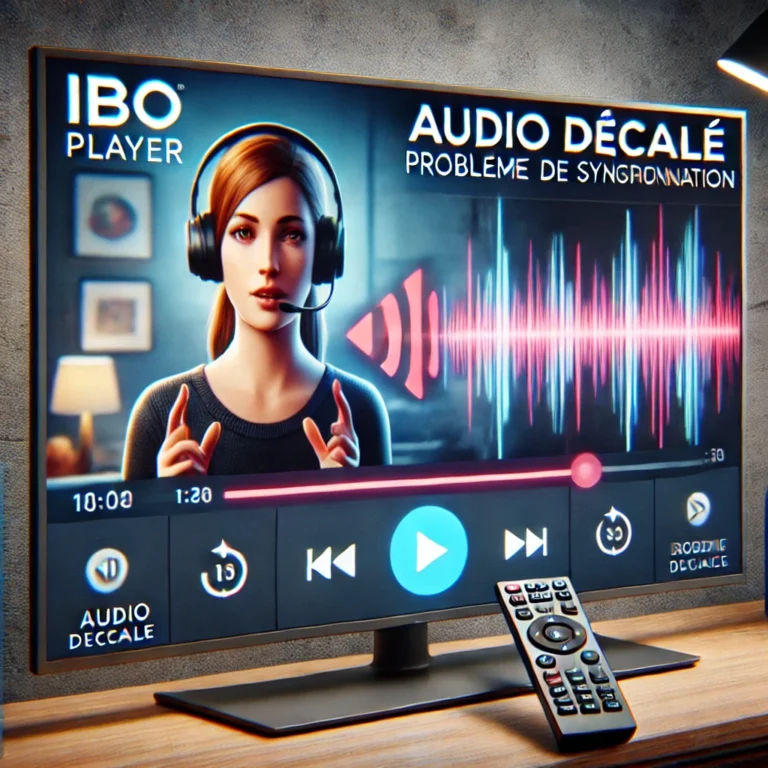 Image d’un écran IBO Player affichant une vidéo décalée avec un message "Audio décalé" dans un salon moderne