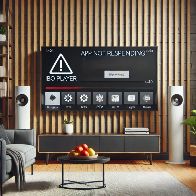 Application IBO Player plantée avec écran noir et message d’erreur sur télévision connectée