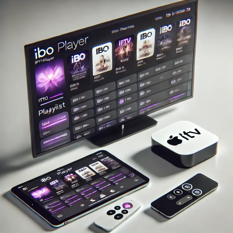 Interface IBO Player affichée sur iPhone, iPad et Apple TV connectée à un écran, avec configuration de playlist IPTV sur iOS