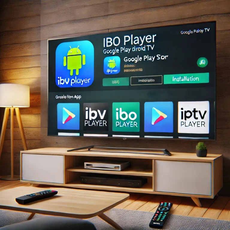 Écran d’une Philips Smart TV affichant l’application IBO Player sélectionnée dans le Google Play Store, prête à être installée dans un salon moderne