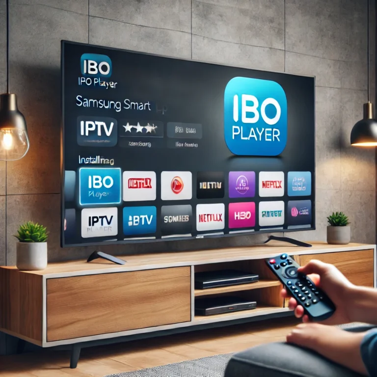 Samsung Smart TV affichant le Smart Hub avec IBO Player sélectionné pour l'installation, dans un salon moderne