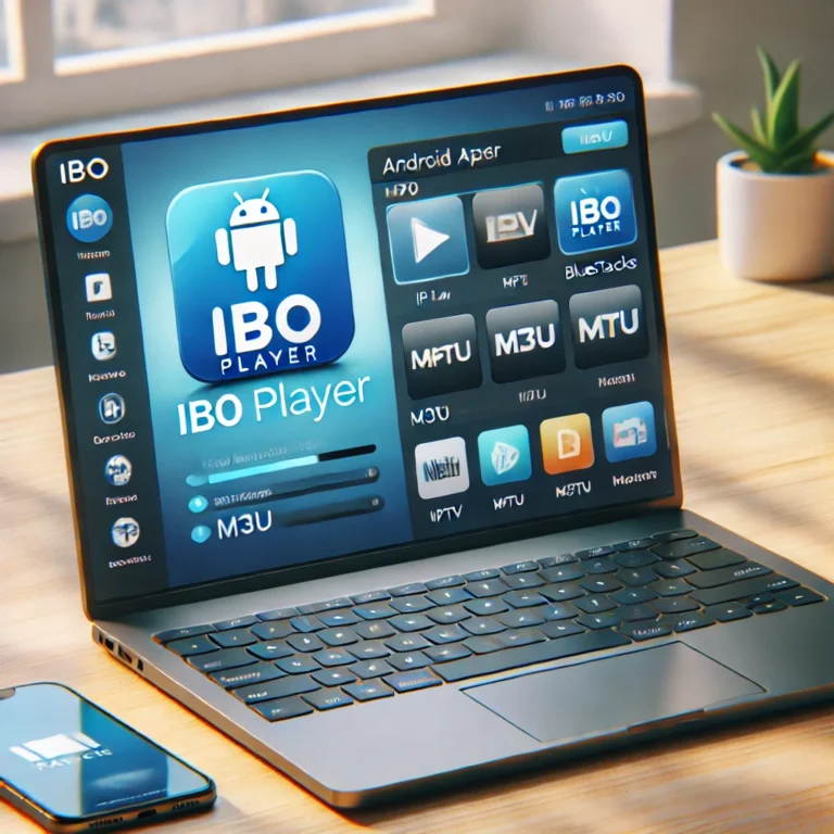 Ordinateur portable Windows affichant l’interface d’IBO Player à l’intérieur d’un émulateur Android avec saisie d’une playlist M3U pour IPTV